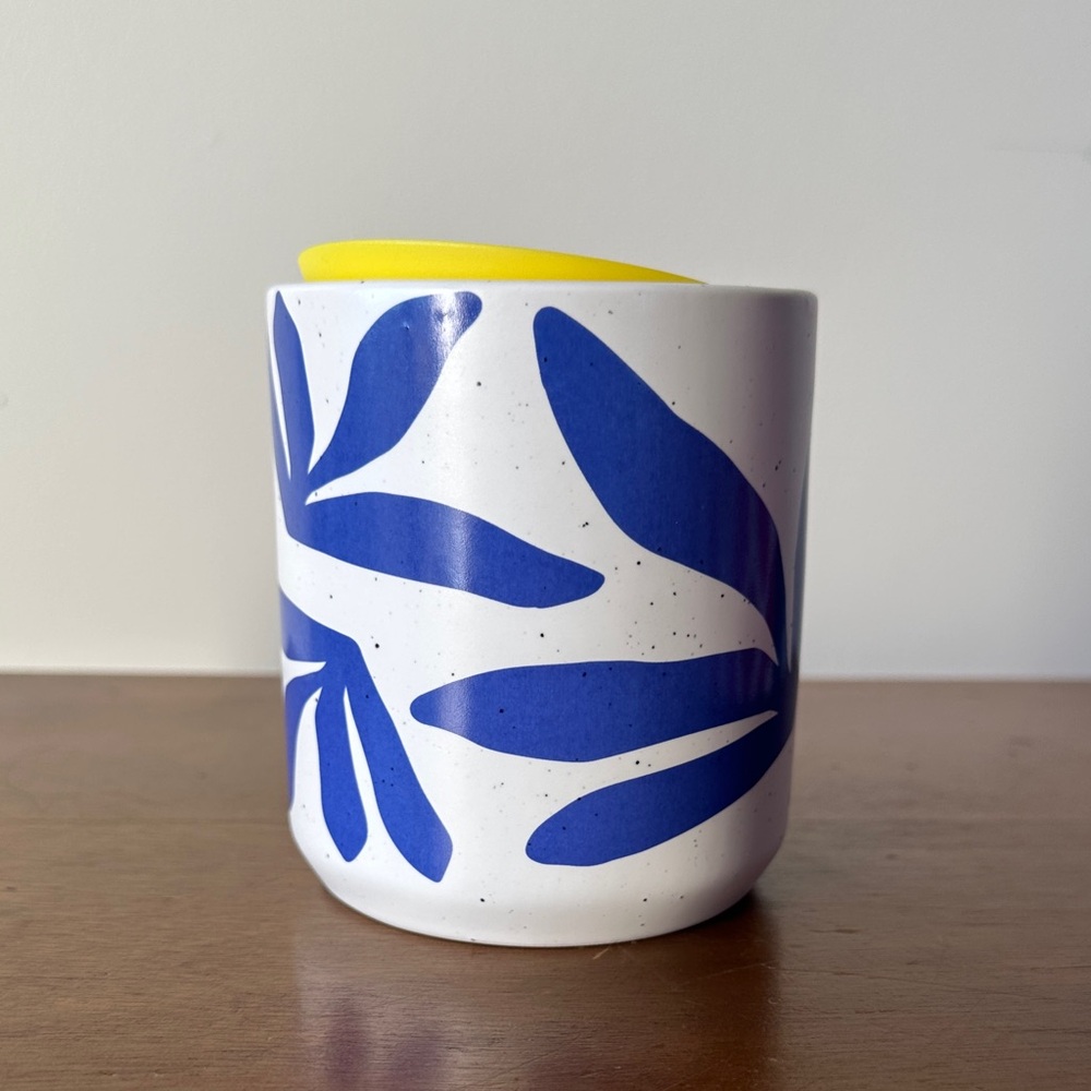 Starbucks Blue and White Ceramic Mug with Yellow Lid
